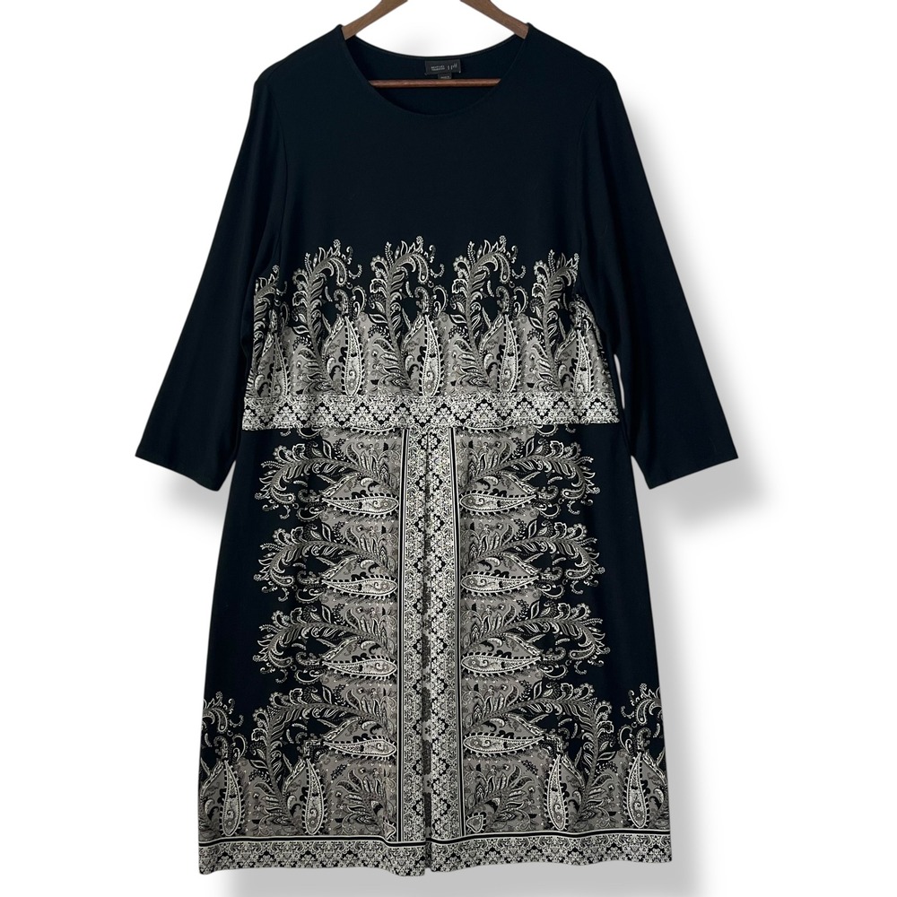 J. Jill Wearever Collection L Dress Black Gray Paisley Rayon Stretch Artsy Chic